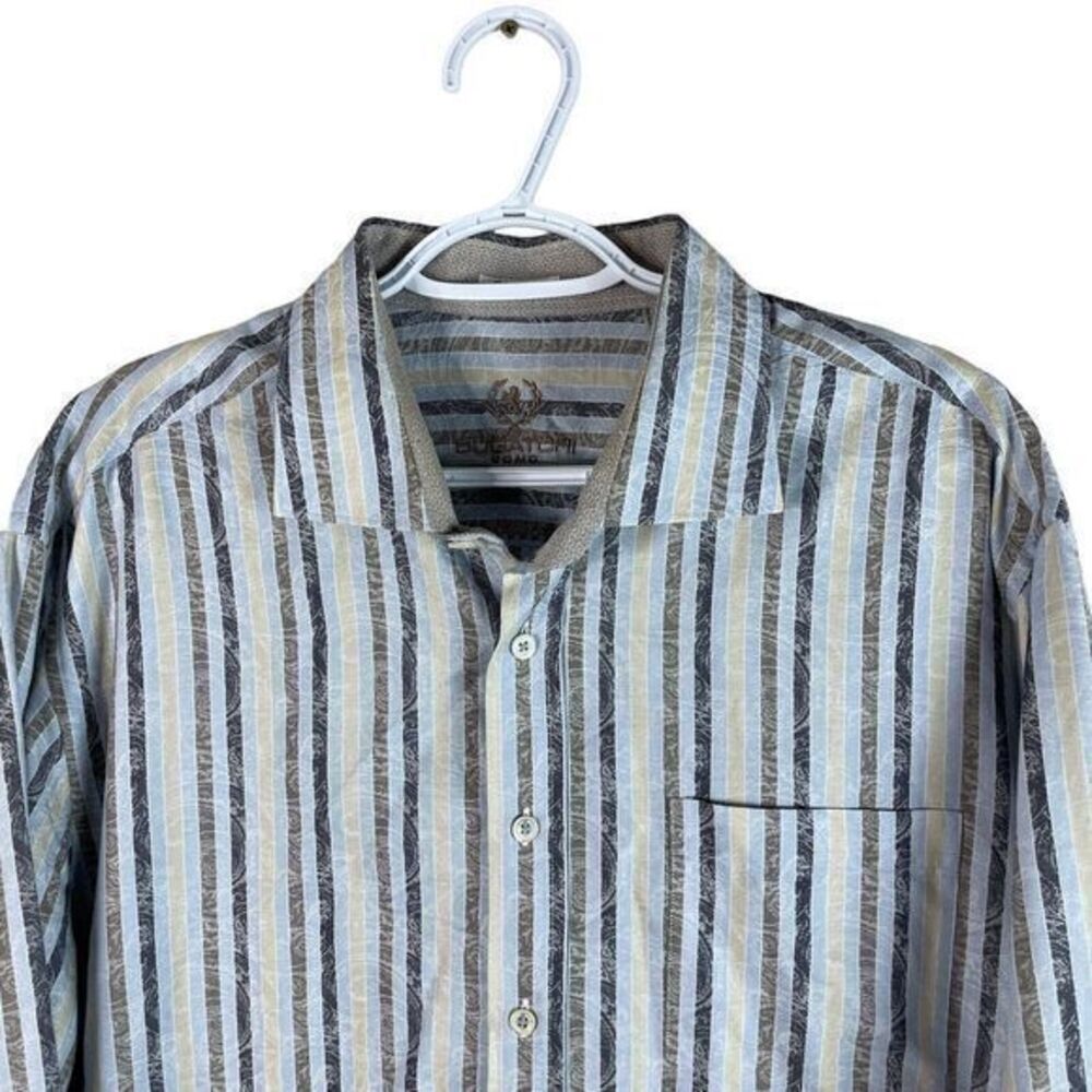 Bugatchi Uomo Shaped Fit Shirt Mens 2XL Blue Striped Spread Collar L/S Cotton